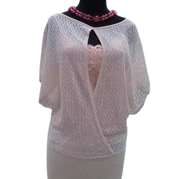 Cache Pink Knit Peek A Boo Faux Wrap Top New Metallic Kissed Plunging V NWT $118 - Picture 10 of 11
